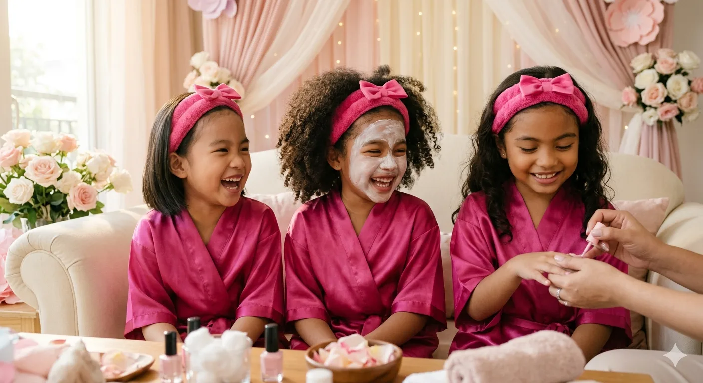 Young Filipino girls in fuchsia satin robes at a luxury kids pamper party